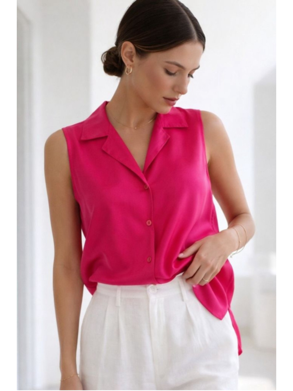 100% Silk Fuchsia Sleeveless Blouse Petite Small Button Front Lightweight Draped